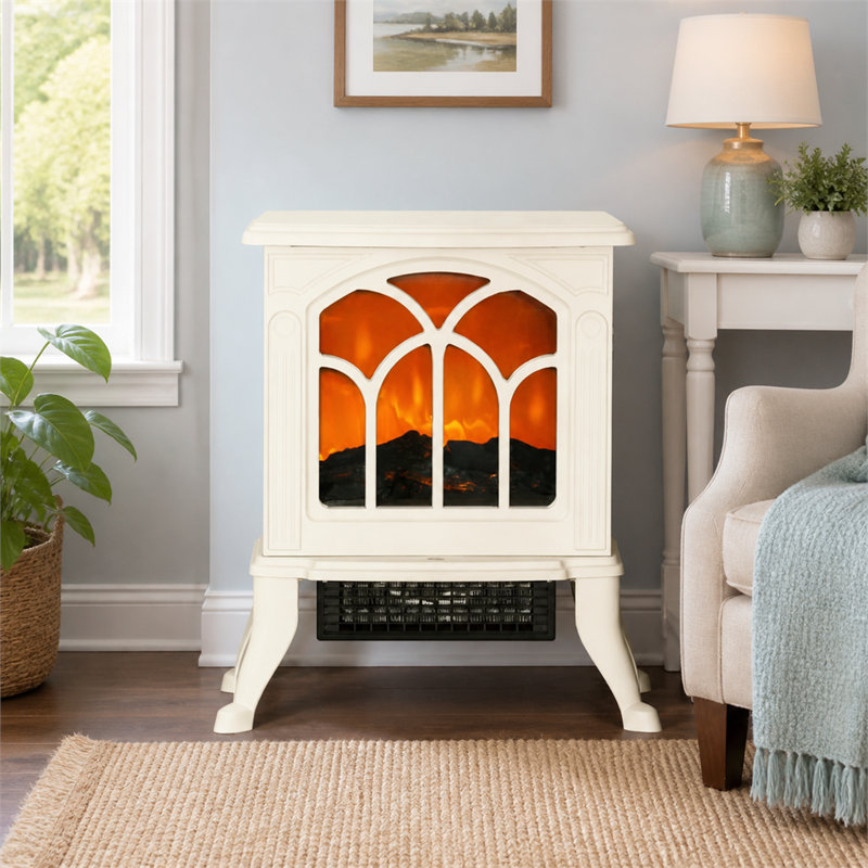 Ce foyer électrique de style rétro est doté d'une flamme simulée, créant un espace de vie chaleureux et élégant., Beige