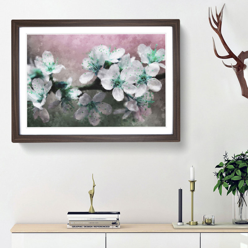 White Cherry Blossom Tree in Bloom - Picture Frame Painting Print on MDF, Walnut Framed, 62cm H x 87cm W x 2cm D