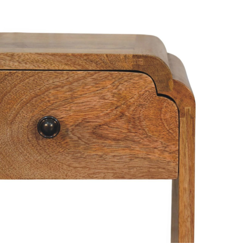 Mini table de chevet en chêne avec tiroir et tablette ouverte, beige et brun