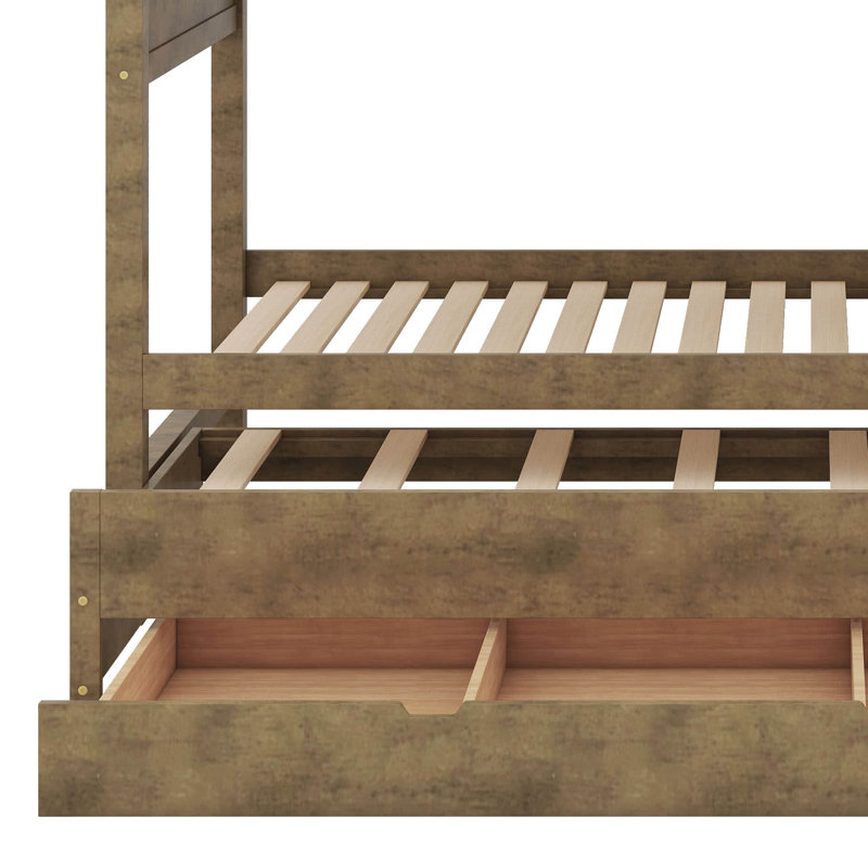 Lit simple superposé simple avec lit gigogne, trois tiroirs de rangement, escalier de rangement et garde-robe, Walnut