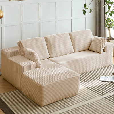 Compression-Boneless 96" L-Shaped Cloud Sectional Sofa with Oversized Chaise, Modular 3-Seater Corduroy Couch for Living Room & Bedroom, Deep Seat No Assembly Required（BeigeLeft Hand Facing)