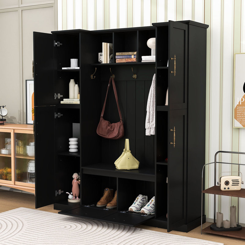 Elegant Rustic Hall Tree with Seating, Adjustable Storage Shelves and Hooks, Black