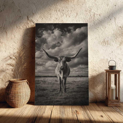 Impression sur toile Texas Longhorn - décoration murale Western Ranch - reproduction de photographie en noir et blanc