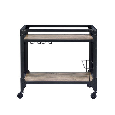 Rustic Oak & Charcoal Finish Serving Cart With Wheel