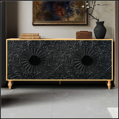 Meuble télé noir à motif symétrique sculpté avec cadre de couleur bois pour les salons modernes et élégants