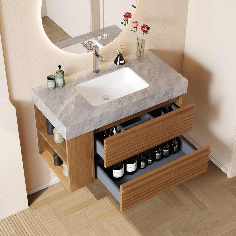 Modern 36" Bathroom Vanities, Sintered Stone Tabletop, 2 Drawers, Pre-Assembled, Brown Wood