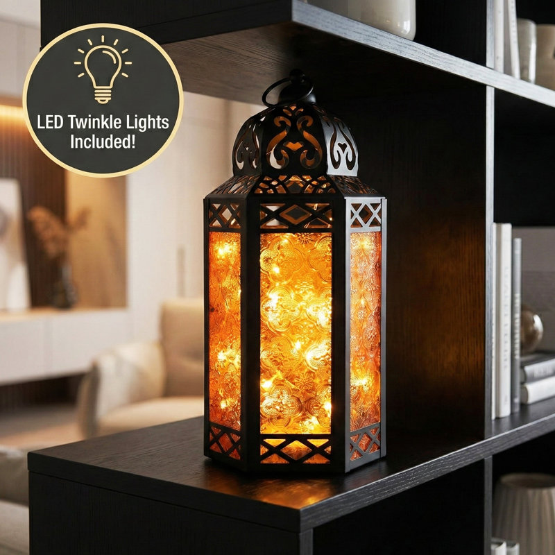Decorative Moroccan Candle Lantern with LED Fairy Lights, Black/Amber, 12" H x 5.75" W x 4.4" D