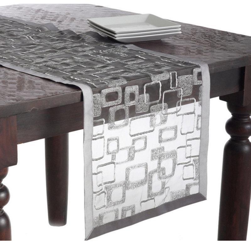 Silver Geometric Embroidered Sheer Polyester Table Runner