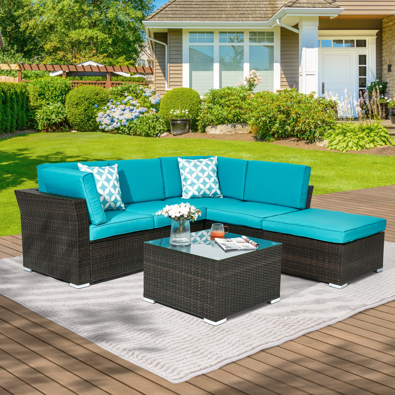 5 - Person Modular Patio Conversation Set with Cushions, Lake Blue