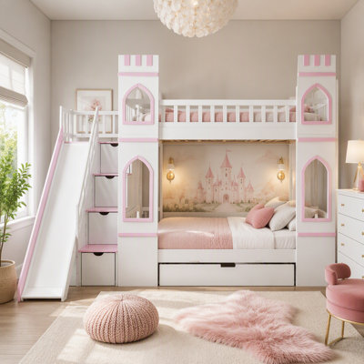 Lit superposé Castle avec glissière, escalier de rangement et grand tiroir sous le lit, cadre de lit superposé en forme de maison avec design bicolore, rangement multifonctionnel
