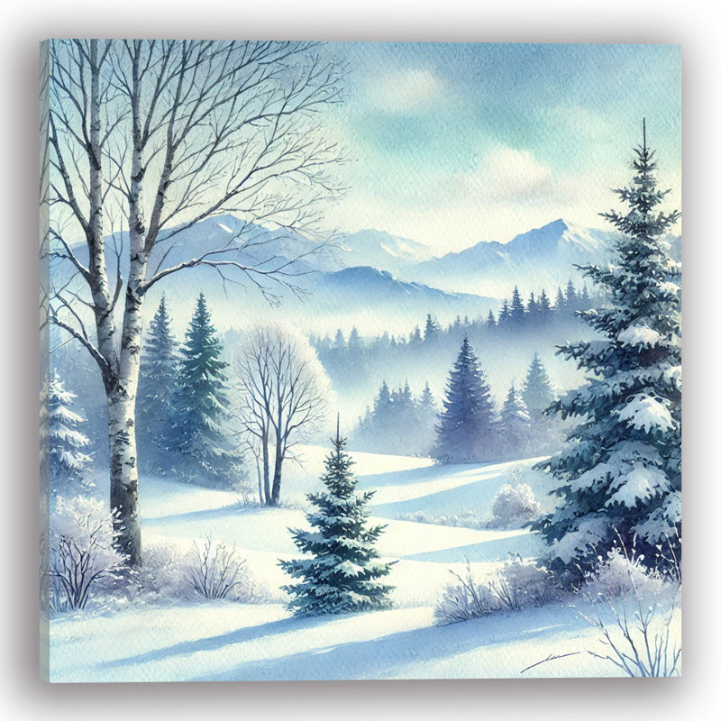 «Tranquil Winter Pines: Misty Mountain Scene», reproduction sur toile, H 30 po x l 30 po x P 1,5 po