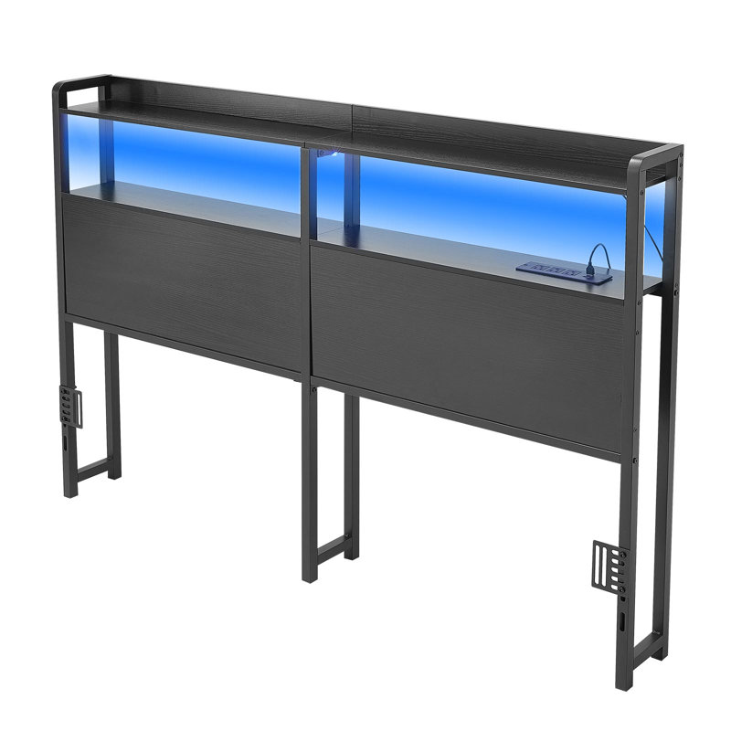 Headboard for Queen Size Bed, with 2 Storage Shelves, LED Light, 3 Outlets, and 3 USB Ports, Sturdy and Stable Carbon Steel Frame Head Board with Charging Station, Adjustable Height, Black