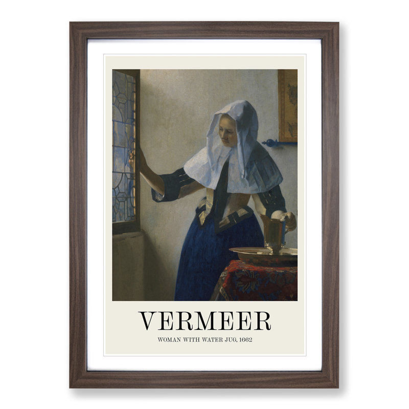 Young Woman with a Water Pitcher by Johannes Vermeer - Picture Frame Painting, Walnut Framed, 36cm H x 27cm W x 2cm D