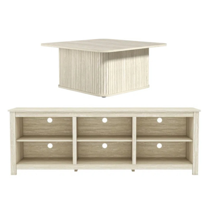 Keaton Modern 2 Piece Living Room Media And Coffee Table Set, Travertine
