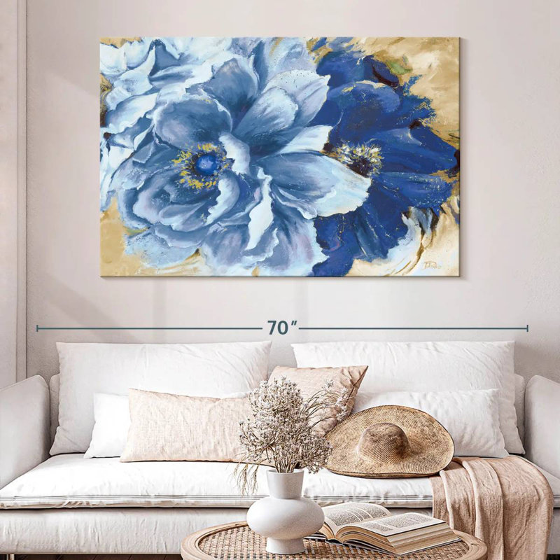 Aldoris, belles pivoines dans l'indigo, H 34 po x l 51 po