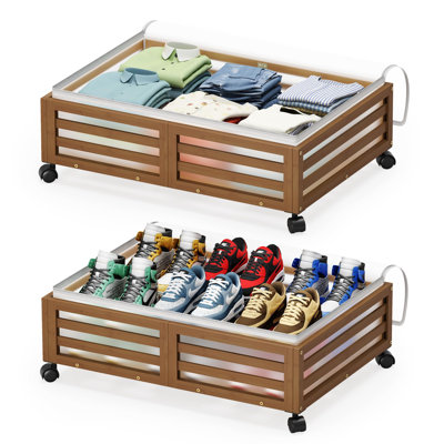 Under Bed Storage Containers With Wheels,Bamboo Wood Rolling Underbed Shoe Storage Bins With Dust Bags,(Walnut/2 Pcs)