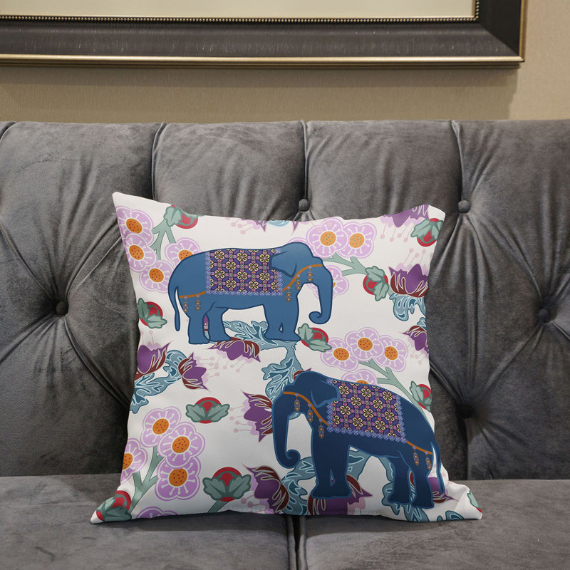 Colorful Elephant Print Faux Suede Throw Pillow