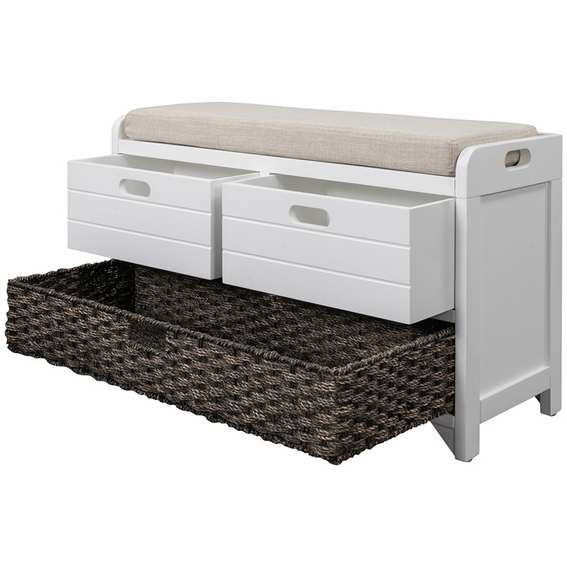 Entryway Bench with Removable Basket and Drawers, White