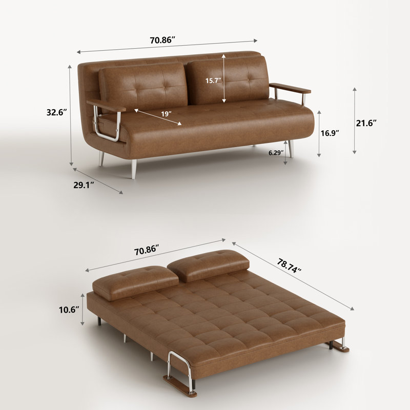 70.86 In. Mid Century Modern Cognac Faux Leather Convertible Sofa Bed With High Density Foam And Hidden Support Legs