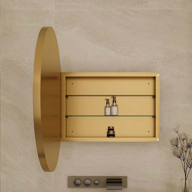 Armoire à pharmacie ronde avec cadre en métal 31,5 pouces avec miroir et tablettes réglables, Doré