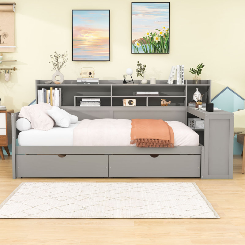 Wooden Daybed with Study Desk and Storage Shelves, Full/Double