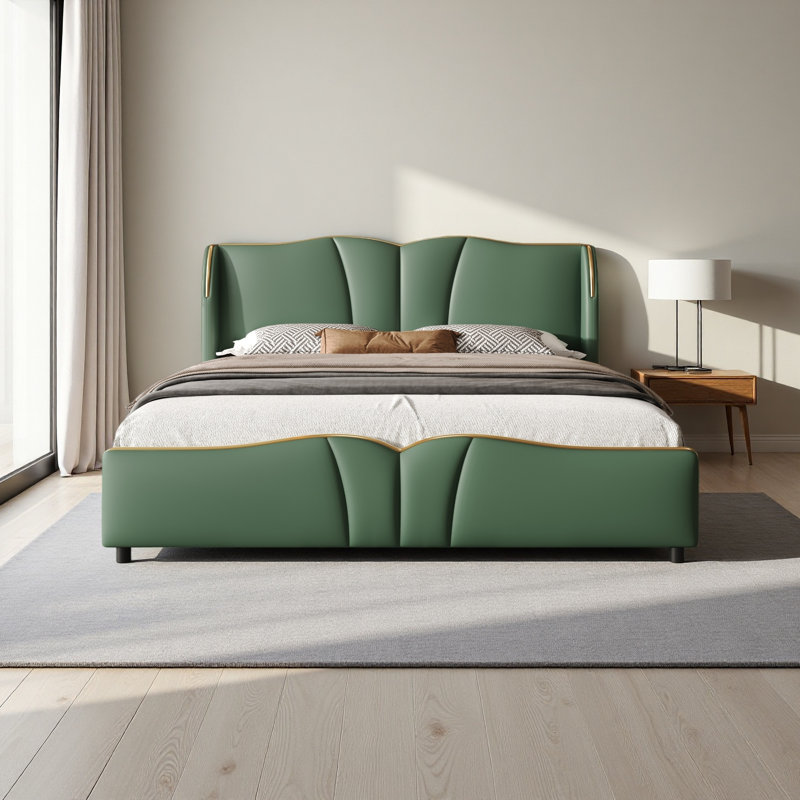 Modern Bed Frame With Wingback Head Board, Dark Green, Queen