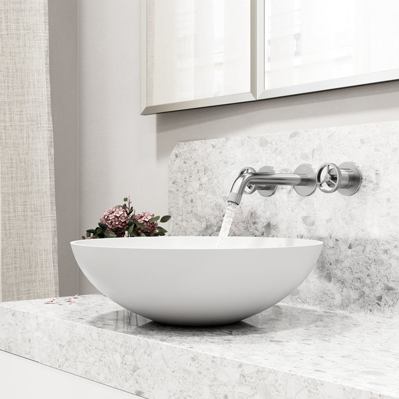 Lotus 16" L x 16" W x 5" H Round White Matte Stone™ Vessel Bathroom Sink with 3" H Faucet