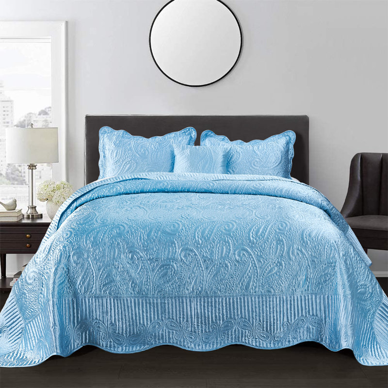 SERENTA Paisley Bedding with Pillow Shams, Queen Quilt + 2 Queen Shams + Throw Pillow, Aquatic