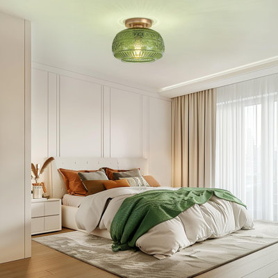 Plafonnier semi-encastré, luminaire moderne près du plafond modernisé avec verre vert, éclairage de cuisine intérieur doré pour le couloir de la véranda, ampoule non incluse