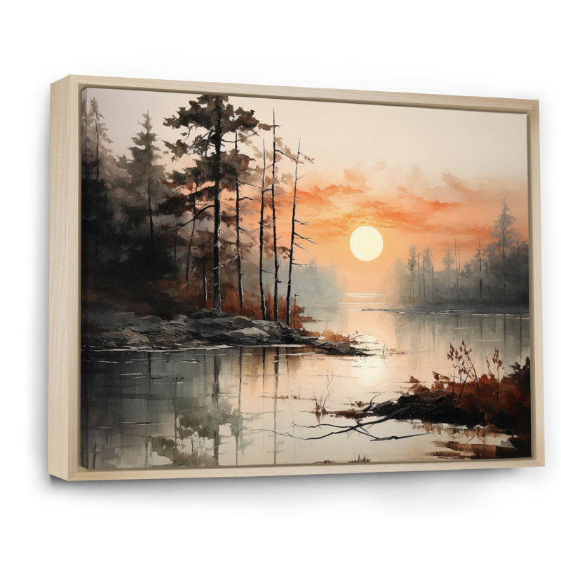 «Lake Misty Morning Reflections I - Lakes Lakehouse», art mural sur toile, H 16 po x l 32 po x P 1 po, Cadre flottant érable