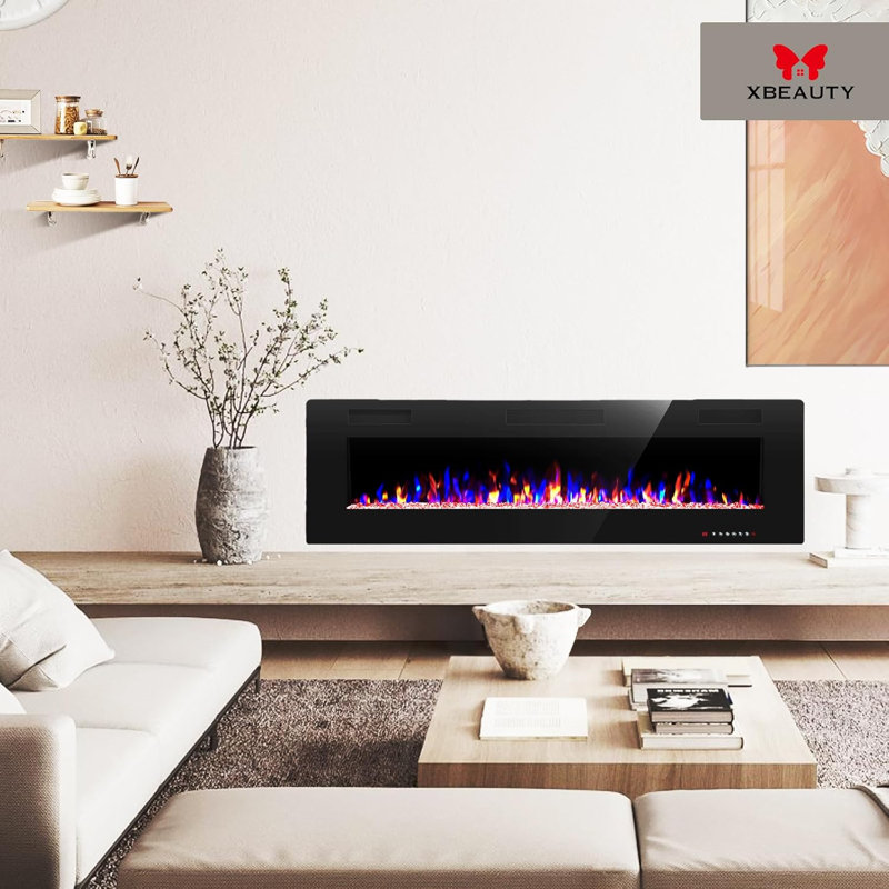 50" Black Electric Fireplace with Multicolor Flames and Remote Control
