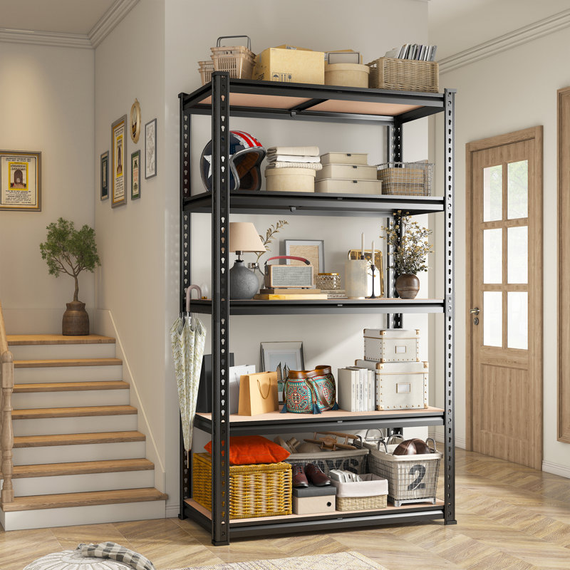Meaghann 72" H Metal Adjustable Shelving Unit, 5-Tiers Heavy Duty Boltless Storage Shelves, 72" H x 35.5" W x 16" D, Black