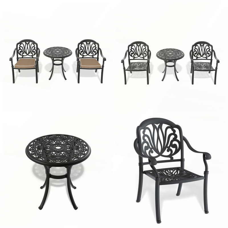 Ensemble de patio 3 pièces en fonte d'aluminium avec coussins confortables et design élégant pour la détente et les repas en plein air