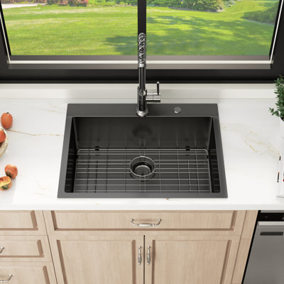 28" L x 22" W Drop-In Single Bowl Stainless Steel Kitchen Sink with Sink Grid