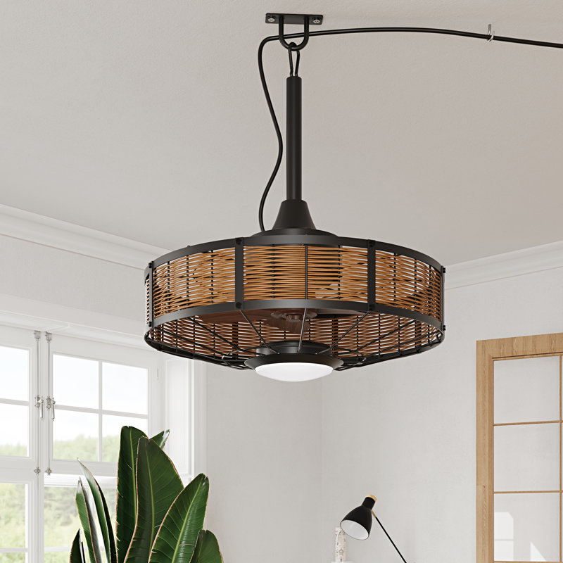 Ventilateur de plafond d'extérieur enfichable 20 po avec lumière DEL et télécommande Boho, Brown Wood