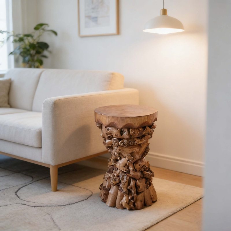 11.8" Brown Mulberry & Paulownia Wood Accent Table, Organic Tree Root Base Side Table For Living Room