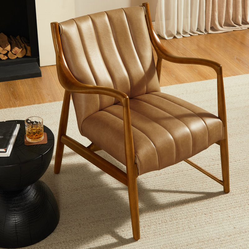 Upholstered Full Grain Leather Side Chair, Khaki