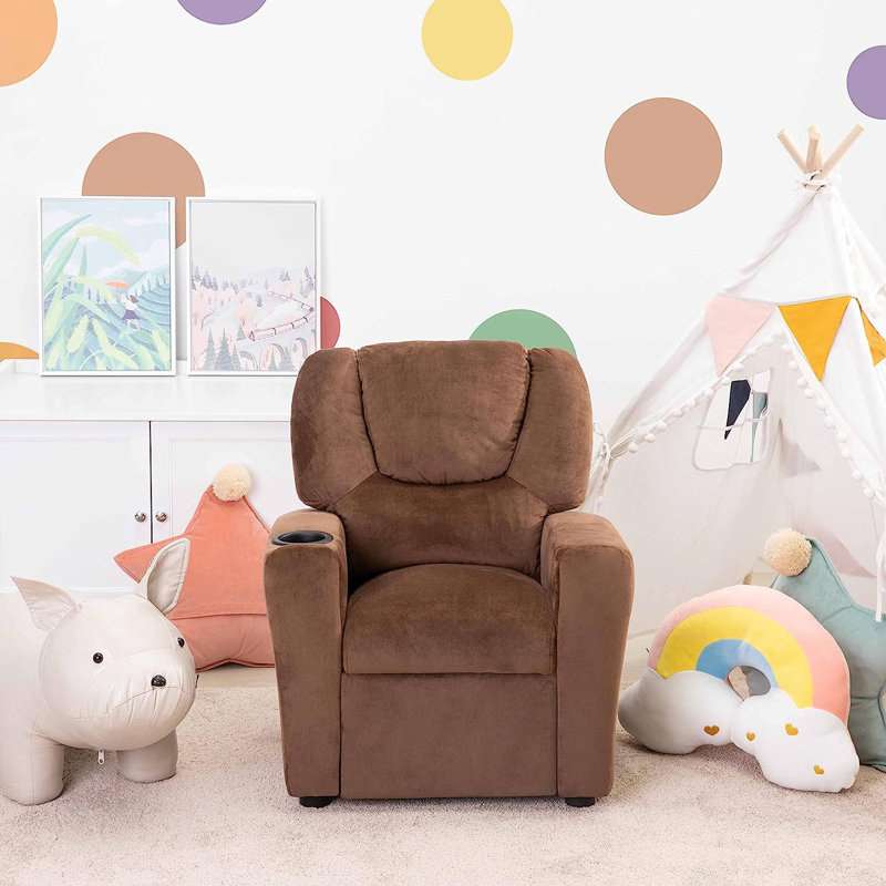 Roomy Kids' Recliner Chair with Cup Holder, Toddler Recliner With Push-Back Design, and Adjustable Footrest, Brown Microfiber