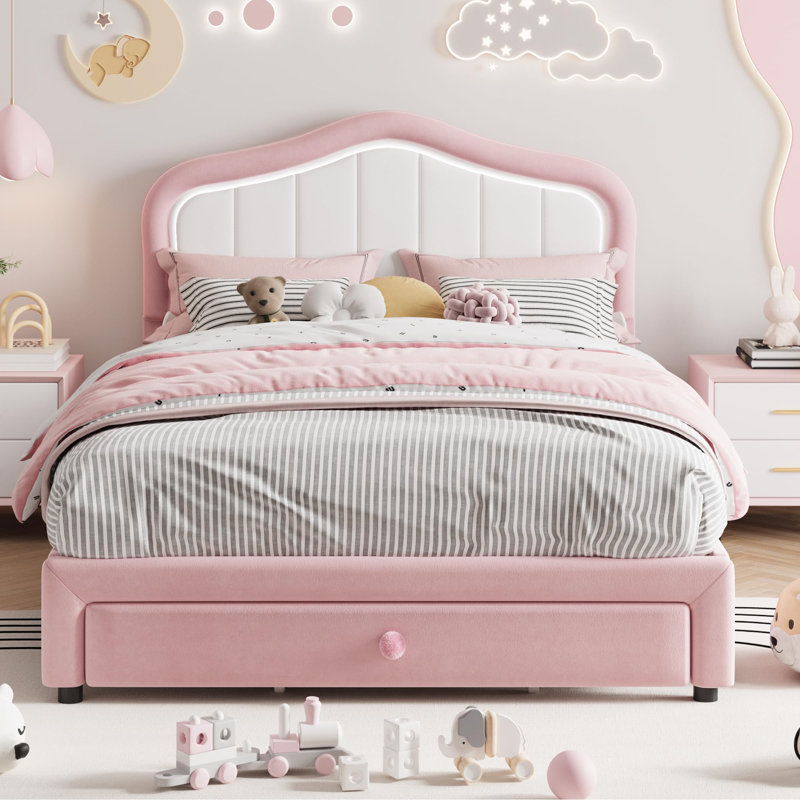 Twin XL Velvet Upholstered Bed Frame with LED Lights, Storage Drawer & Headboard for Kids, Twin XL, Pink