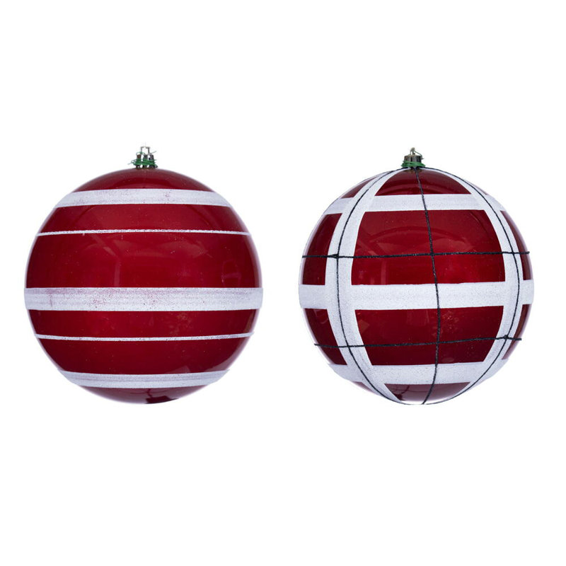 Vickerman Glitter Ornament Assortment. 2 plaid, and 2 horizontal stripes., 4.75" H x 4.75" W x 4.75" D, White