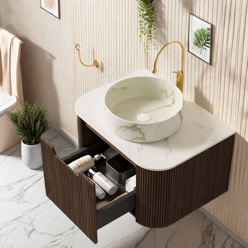 Meuble-lavabo moderne avec lavabo, rangement flottant en bois de noyer de 24 pouces pour la maison