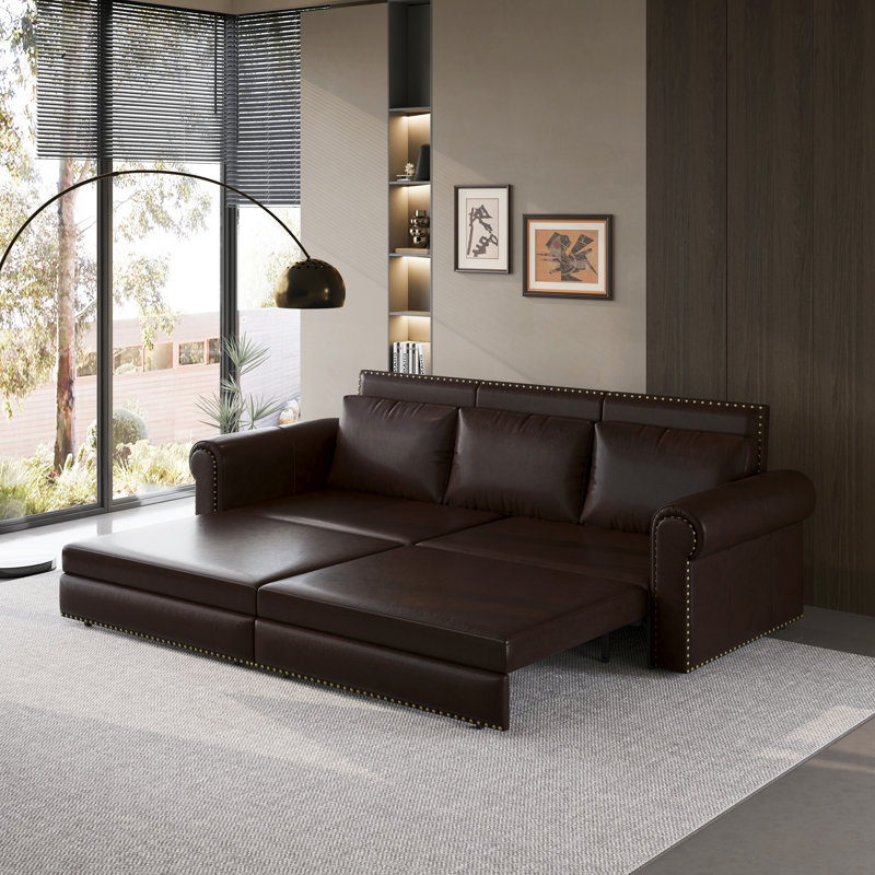 Canapé Chesterfield, canapé-lit gigogne de 93,7 po, canapé-lit convertible 3 en 1 en similicuir avec garniture cloutée et accoudoirs roulés, canapé-lit multifonctionnel, brun foncé (nouveau SKU: W1885S00096 / W1885S00035)