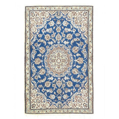 Tapis bleu clair / beige en coton / soie / laine Rithu