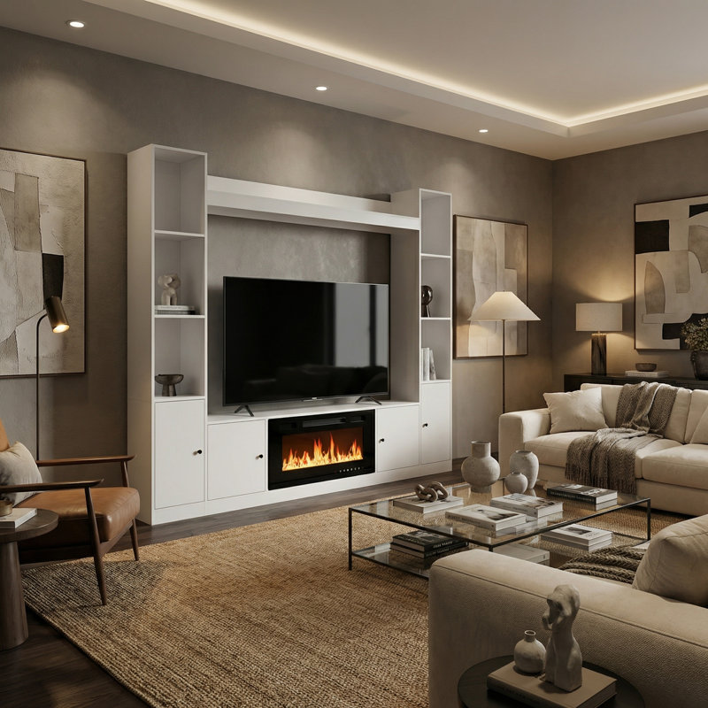 Modern Entertainment Center With Bookshelves, Cabinet Storage, Cable Management & Top Display Shelf, White