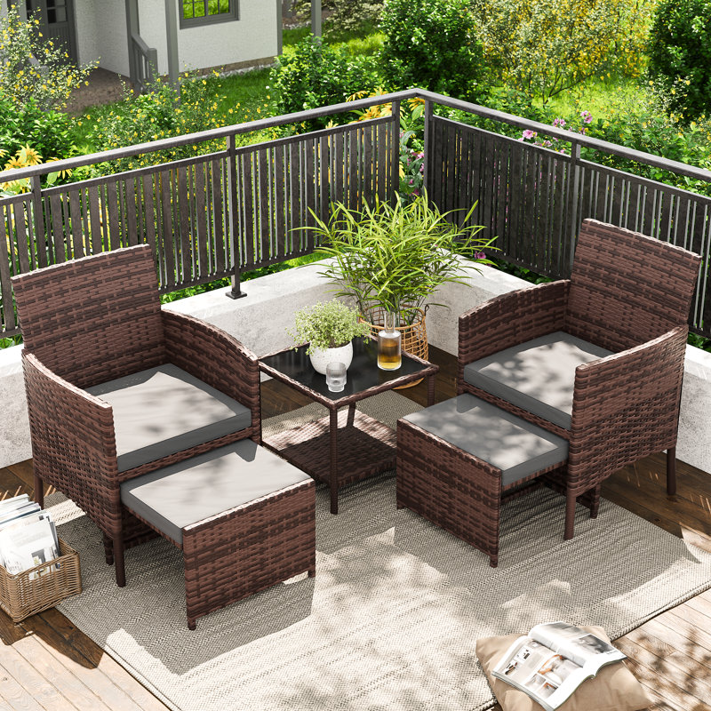 5 Pieces Outdoor Wicker Patio Conversation Set With Cushions And Ottoman, Gray Cushion/Brown Frame