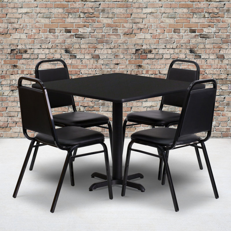 36'' Square Laminate Table Set with X-Base and 4 Trapezoidal Back Banquet Chairs, Black