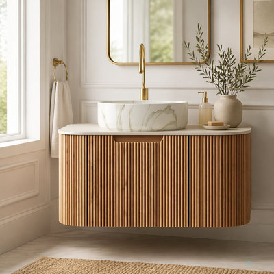 DINA 24" Bathroom Vanity & Sink, Floating Curved Edges Striped Cabinet With Drawer, Round Ceramic Basin With Stone Pattern & Travertine-Pattern Sintered Stone Top, Pre-Assembled