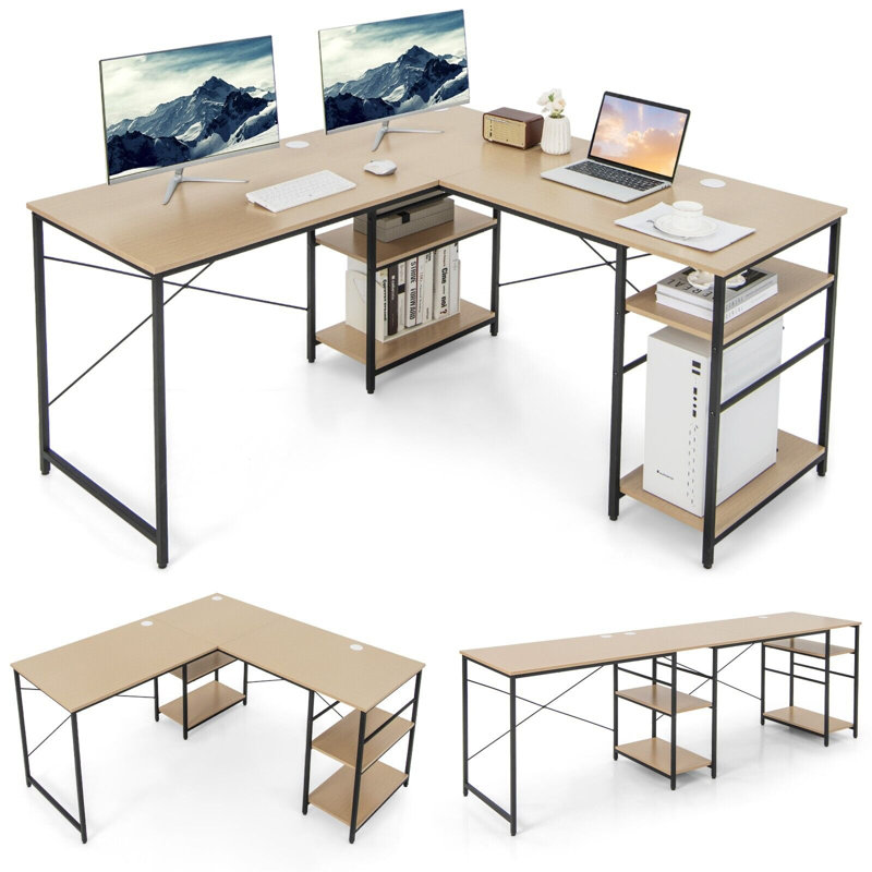 Addalynne L-Shaped Metal Base Computer Desk, Natural