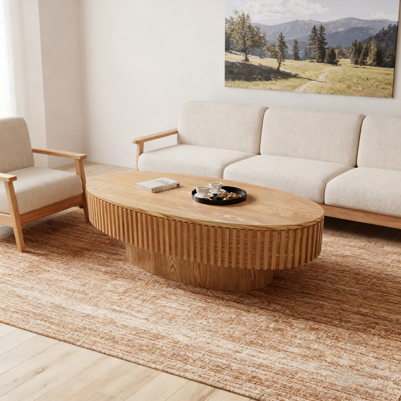 Table basse 47 po ovale avec rangement Table d'appoint moderne en placage de bois massif pour salon, chambre à coucher, appartement ou bureau, bois naturel