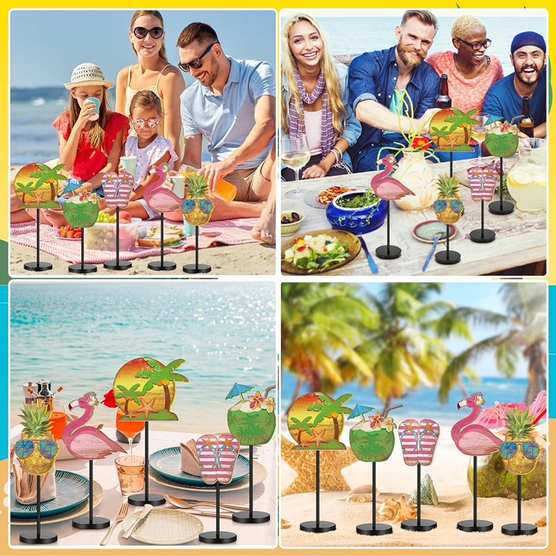 Ensemble de 5 pièces de table de plage d'été, flamants tropicaux, ananas et centres de table en bois de noix de coco pour plateau à plusieurs niveaux, manteau de cheminée, tablette et décoration de maison de campagne